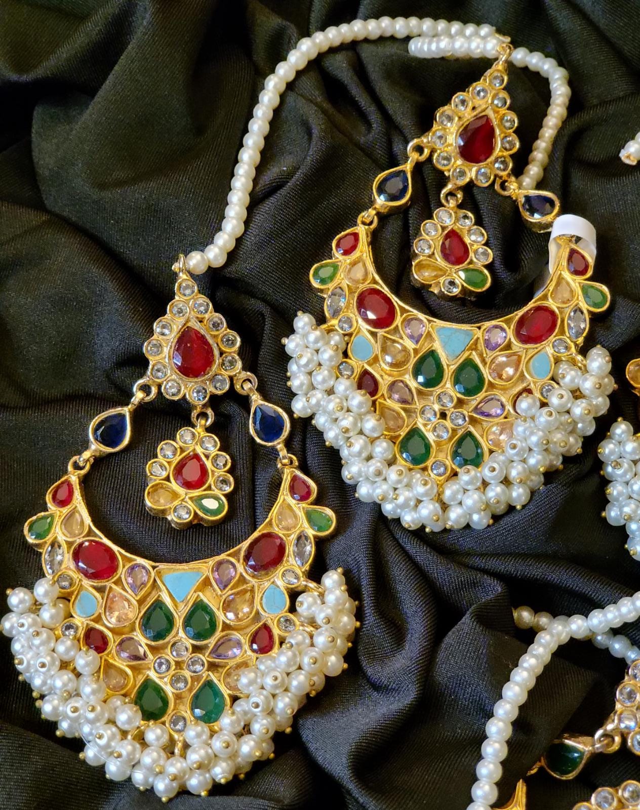 Bridal set with earrings, tika, and sahara in 3-tone finish - Noor Jewellers