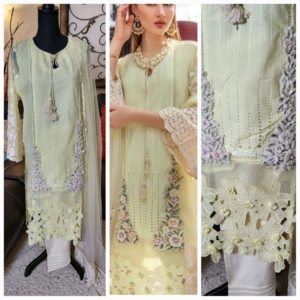 Karandi net 4pc 3D flowers and cut work. Cotton pants . Net dupatta with Lace