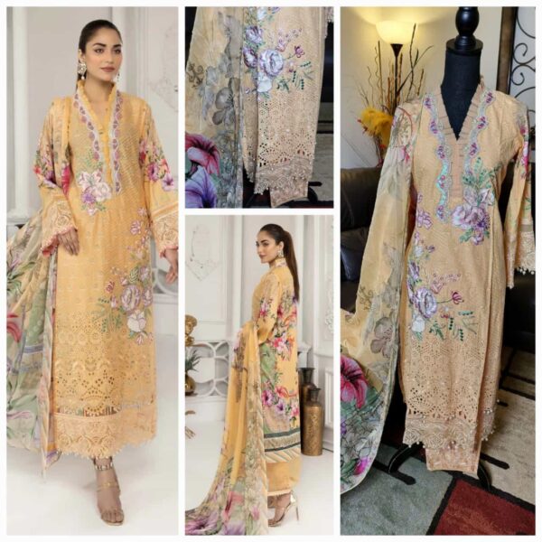 Adan Libas Lawn Chickenkari 3pc Embroidered suits with Digital print & embroidered dupattas