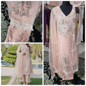 Khuda bakhsh Organza angrakha style dress, fully embelished with Zari wok and lace. Fully embroidered pants and net duptta