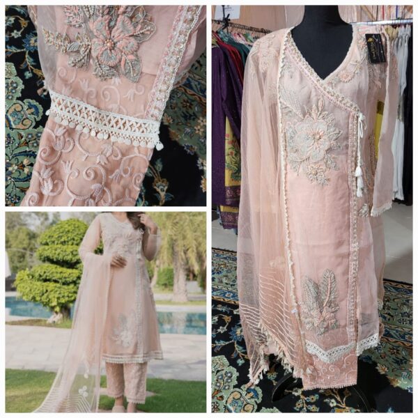 Khuda bakhsh Organza angrakha style dress, fully embelished with Zari wok and lace. Fully embroidered pants and net duptta