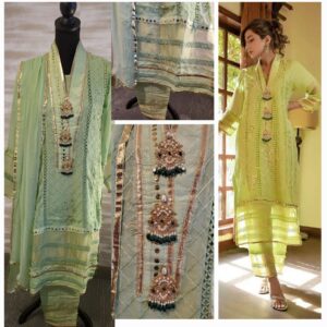 Fancy Chiffon embroidered. 3pc with motifs Size: S,m,l Pistachio color