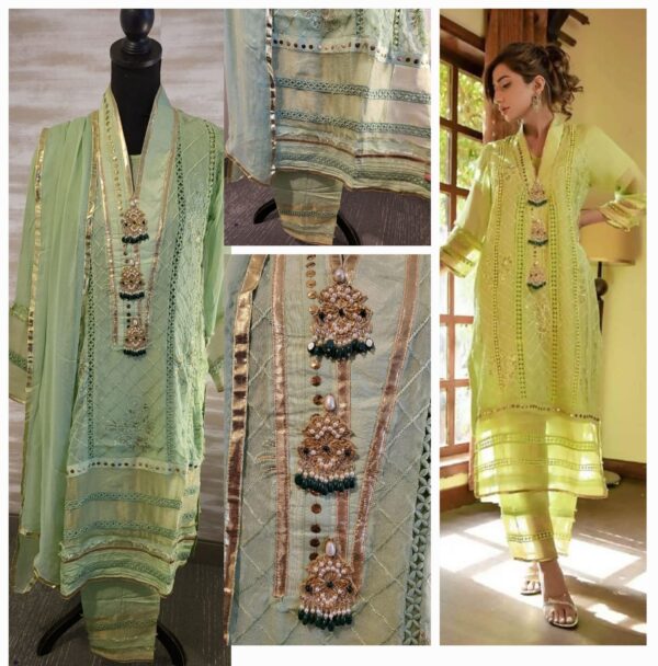 Fancy Chiffon embroidered. 3pc with motifs Size: S,m,l Pistachio color