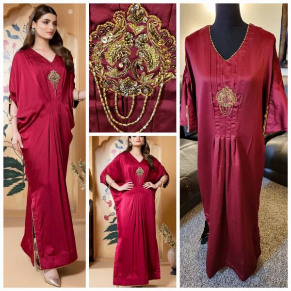 ZAAVIAY Brand. Maroon Silk Kaftaan. Zari work motif and embroidery. 1 pc. Med size