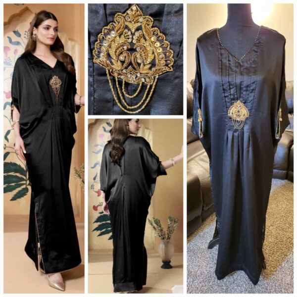 ZAAVIAY Brand. Black Silk Kaftaan. Zari work motif and embroidery. 1 pc. size: Med