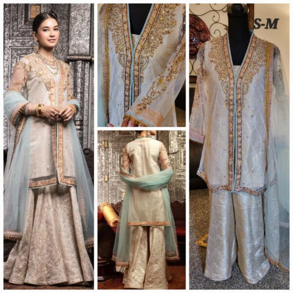 ZAAVIAY Brand 4pc Jamavar sharara and inner shirt. Partial open upper shirt, Hand work Zari and embroidery with net dupatta. Small and Med