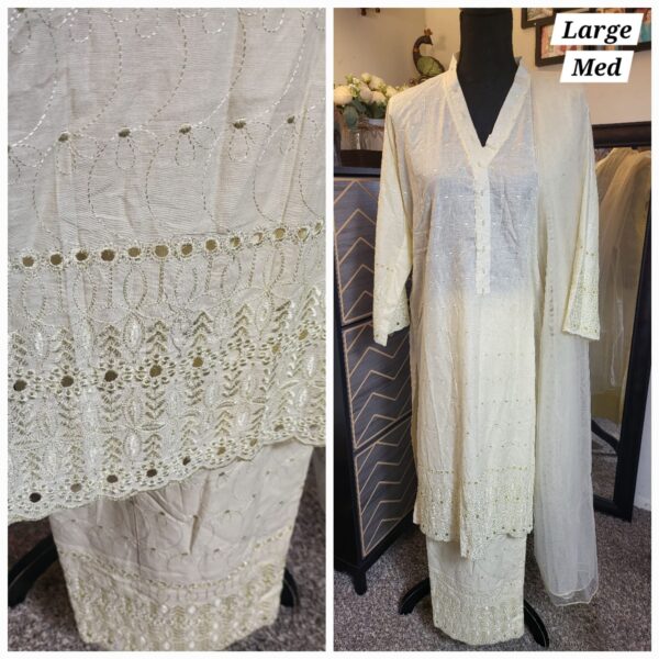 3pc chickenkari lawn outfits with net dupatta Size:M/L